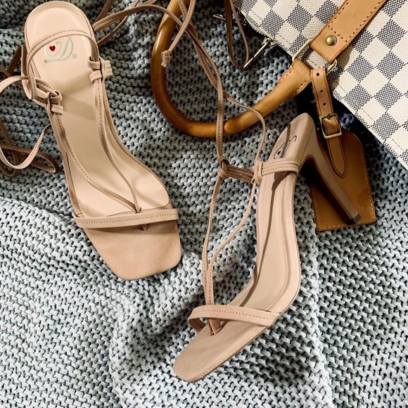 New๐ฅ Nude Thong Leg Wrap Lace Up Gladiator Sandal Square Open Toe Stiletto Heel - Picture 6 of 10